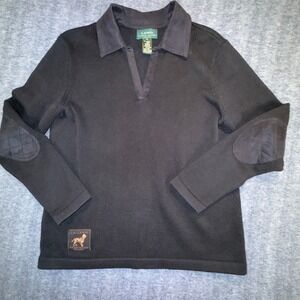 Lauren Ralph Lauren Vintage Black Cotton Sweater Dog Elbow Patches V Neck PS